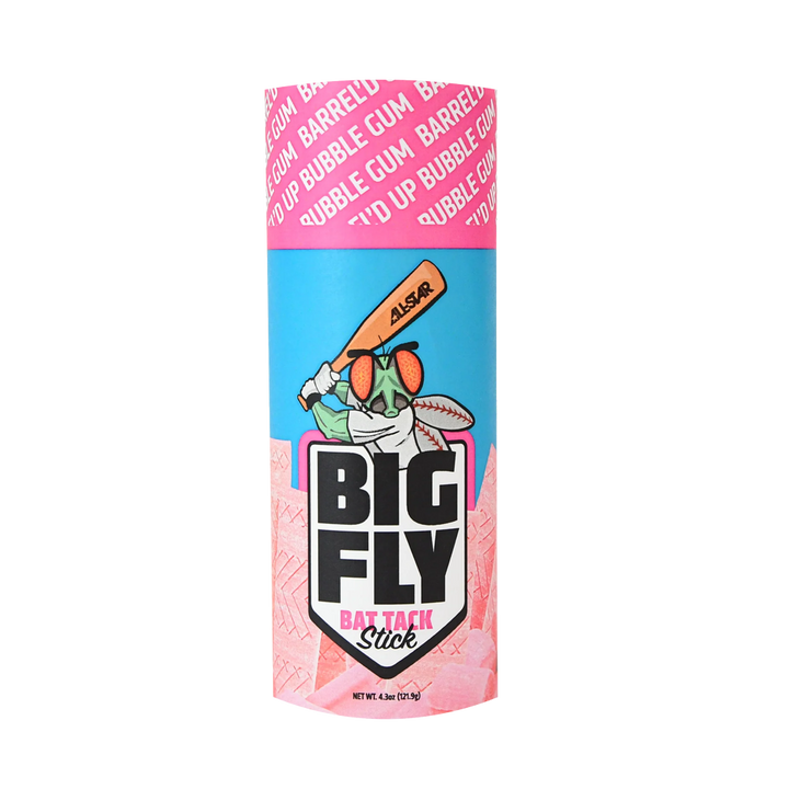 The All Star Big Fly Bat Tack Stick (BFST1) comes in a cylindrical container with pink and blue colors, stylized text, and a cartoon fly holding a bat—designed for All-Star-level bat grip performance.