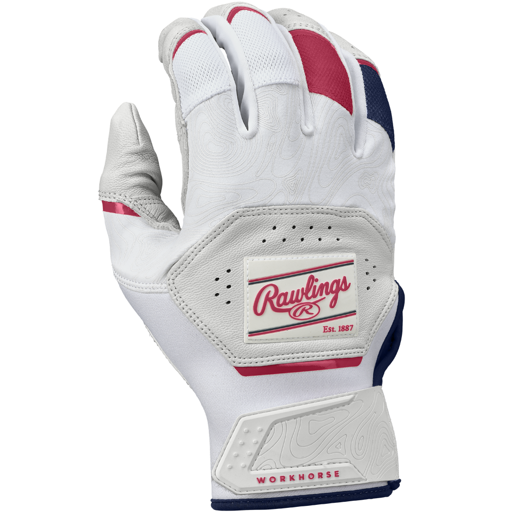 The Rawlings Workhorse Adult Batting Gloves: WH25BG are white with gray, red, and navy blue accents, a Velcro wrist strap marked Rawlings Est. 1887 and WORKHORSE, perforations for breathability, Oitac leather, and a textured palm for grip.