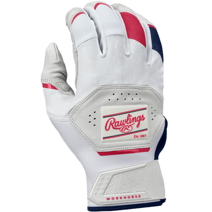 The Rawlings Workhorse Adult Batting Gloves: WH25BG are white with gray, red, and navy blue accents, a Velcro wrist strap marked Rawlings Est. 1887 and WORKHORSE, perforations for breathability, Oitac leather, and a textured palm for grip.