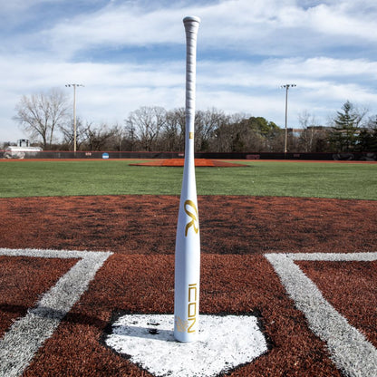 A Rawlings 2026 Icon The Chosen One (-3) BBCOR Baseball Bat (RBB6IONE3), featuring a white design with gold accents, stands upright on home plate of a baseball field with green turf and brown dirt under a partly cloudy sky.