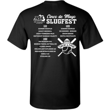 The back of the DSG Apparel 2025 NSA Cinco de Mayo Slugfest Fastpitch Tournament T-Shirt features team names in white and a circular bat-and-ball logo—perfect as a pre-order souvenir for the big youth softball event.