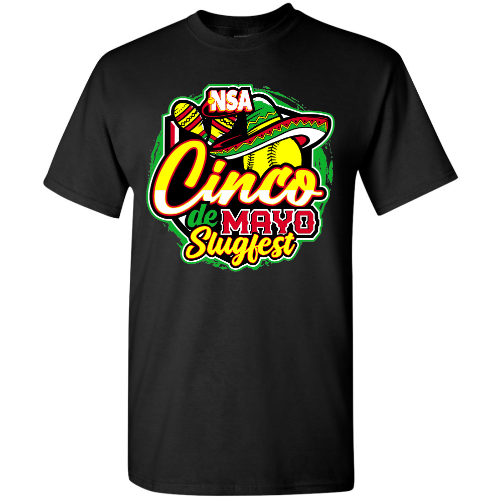 The 2025 NSA Cinco de Mayo Slugfest Fastpitch Tournament T-Shirt by DSG Apparel features a vibrant design with sombrero, maracas, and softball. Get yours now from our NSA Apparel Pre Order Tournament Shirt collection!.