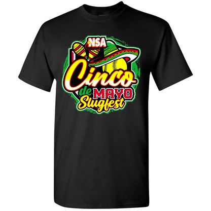 The 2025 NSA Cinco de Mayo Slugfest Fastpitch Tournament T-Shirt by DSG Apparel features a vibrant design with sombrero, maracas, and softball. Get yours now from our NSA Apparel Pre Order Tournament Shirt collection!.