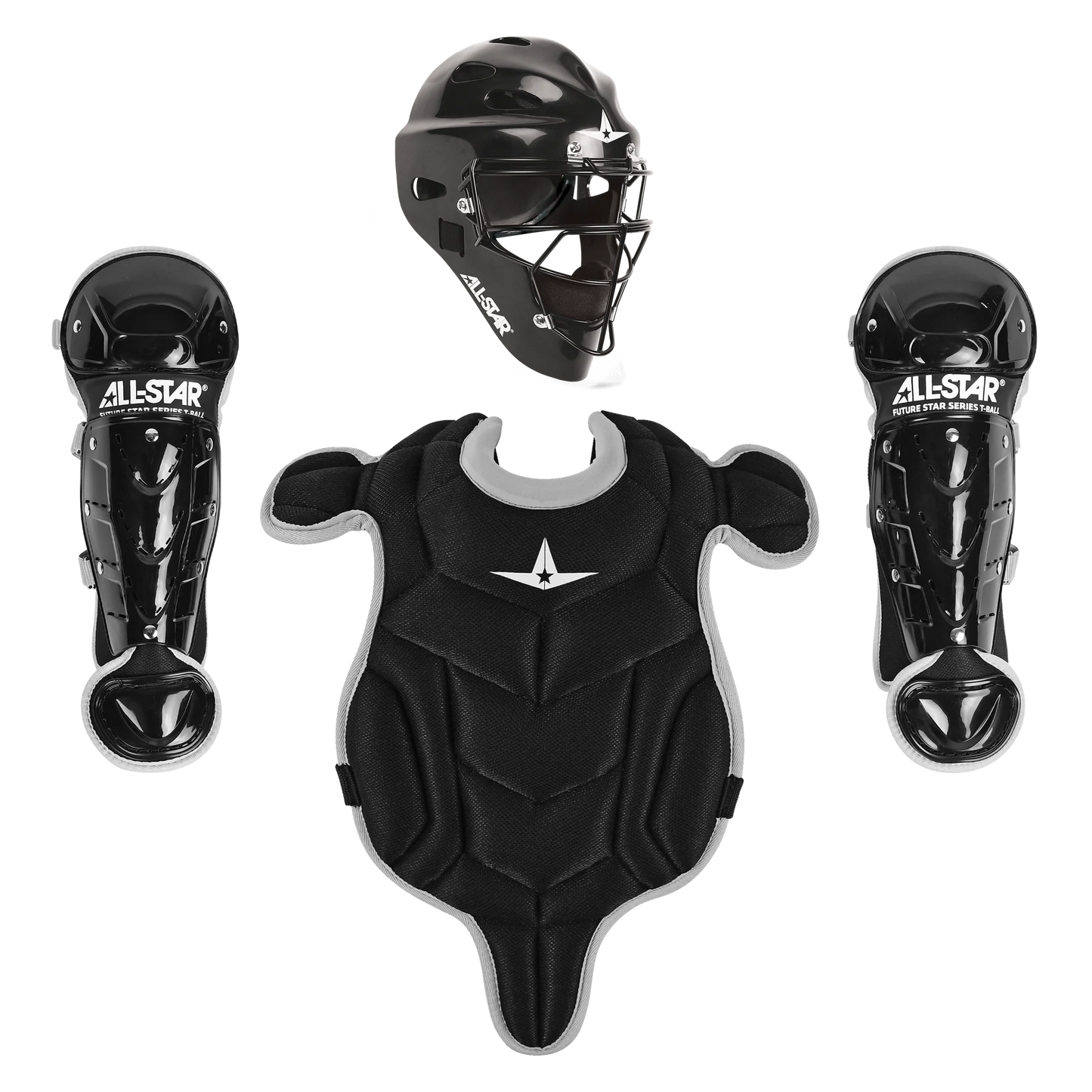 The All Star Future Star Series Catcher's Kit: CK-FS2 for youth includes a black and gray helmet, chest protector, and two shin guards with All Star branding, all displayed neatly on a white background.