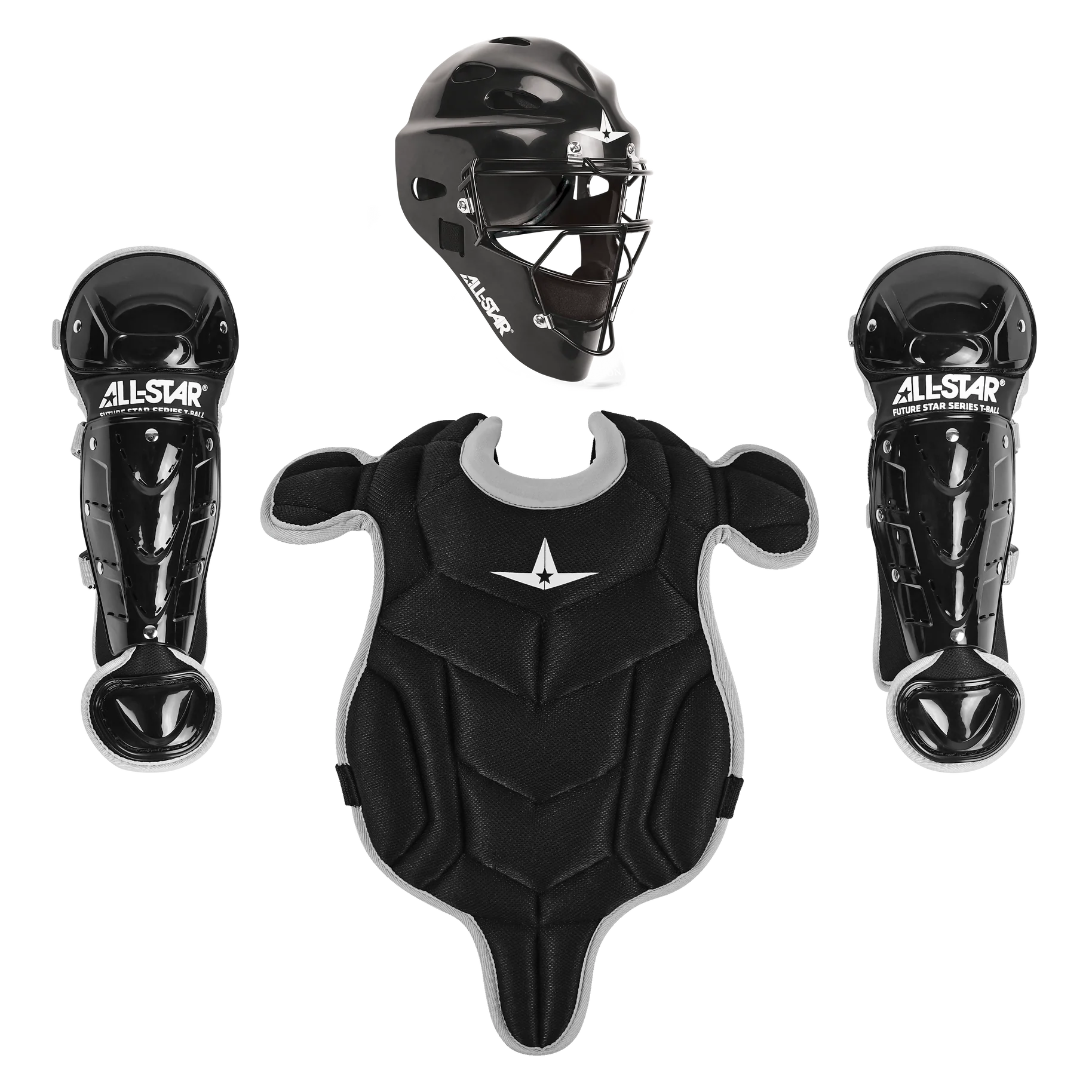 The All Star Future Star Series Catcher's Kit: CK-FS2 for youth includes a black and gray helmet, chest protector, and two shin guards with All Star branding, all displayed neatly on a white background.
