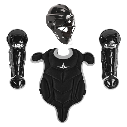 The All Star Future Star Series Catcher's Kit: CK-FS2 for youth includes a black and gray helmet, chest protector, and two shin guards with All Star branding, all displayed neatly on a white background.