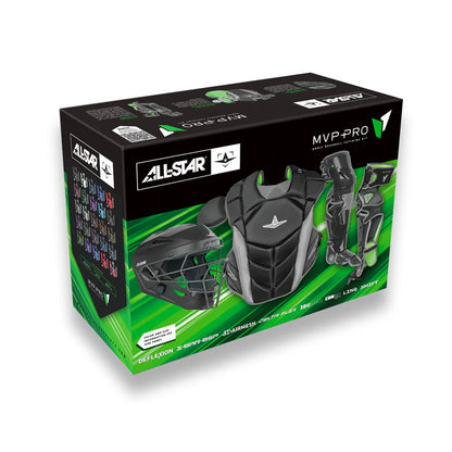 The All Star MVP Pro Catcher's Kit: CKCC-5 box features black and green gear—helmet, chest protector, and leg guards—with details and a bright size chart on the side. Ideal for any catcher’s kit.