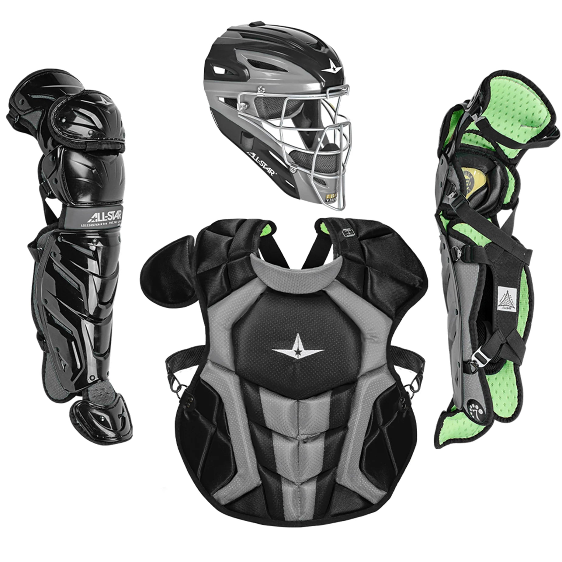 The All Star System7 Axis Catcher's Kit (CKCC912S7X / CKCC1216S7X) includes a black and gray System Seven helmet with face mask, matching chest protector, and two shin guards with green padded interiors.