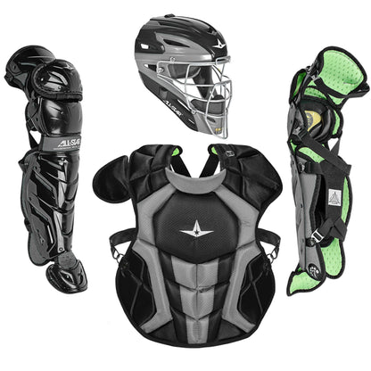 The All Star System7 Axis Catcher's Kit (CKCC912S7X / CKCC1216S7X) includes a black and gray System Seven helmet with face mask, matching chest protector, and two shin guards with green padded interiors.