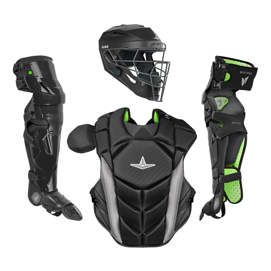 The All Star MVP Pro Catcher's Leg Guards: LG-5 by All Star feature a black and green design with a pivoting hinge system for enhanced one knee down protection, shown with a helmet and chest protector on a plain white background.