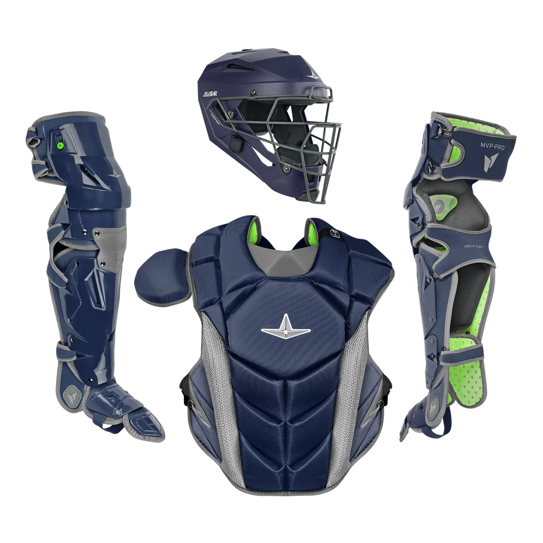 The All Star MVP Pro Catcher's Kit (CKCC-5) by All Star, featuring a navy blue and gray helmet, chest protector, and two leg guards, is displayed on a white background.