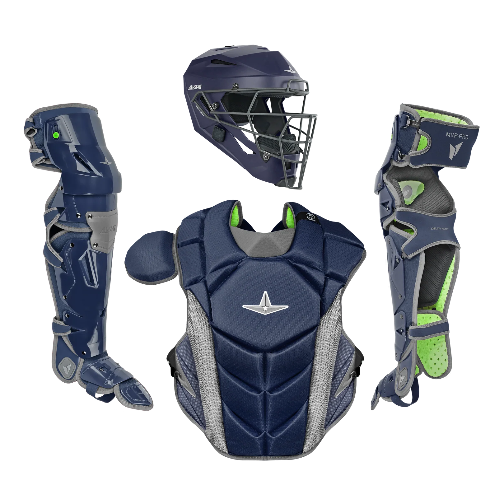 The All Star MVP Pro Catcher's Kit (CKCC-5) by All Star, featuring a navy blue and gray helmet, chest protector, and two leg guards, is displayed on a white background.