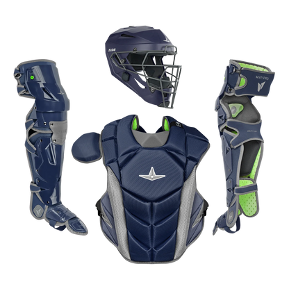 The All Star MVP Pro Catcher's Kit (CKCC-5) by All Star, featuring a navy blue and gray helmet, chest protector, and two leg guards, is displayed on a white background.