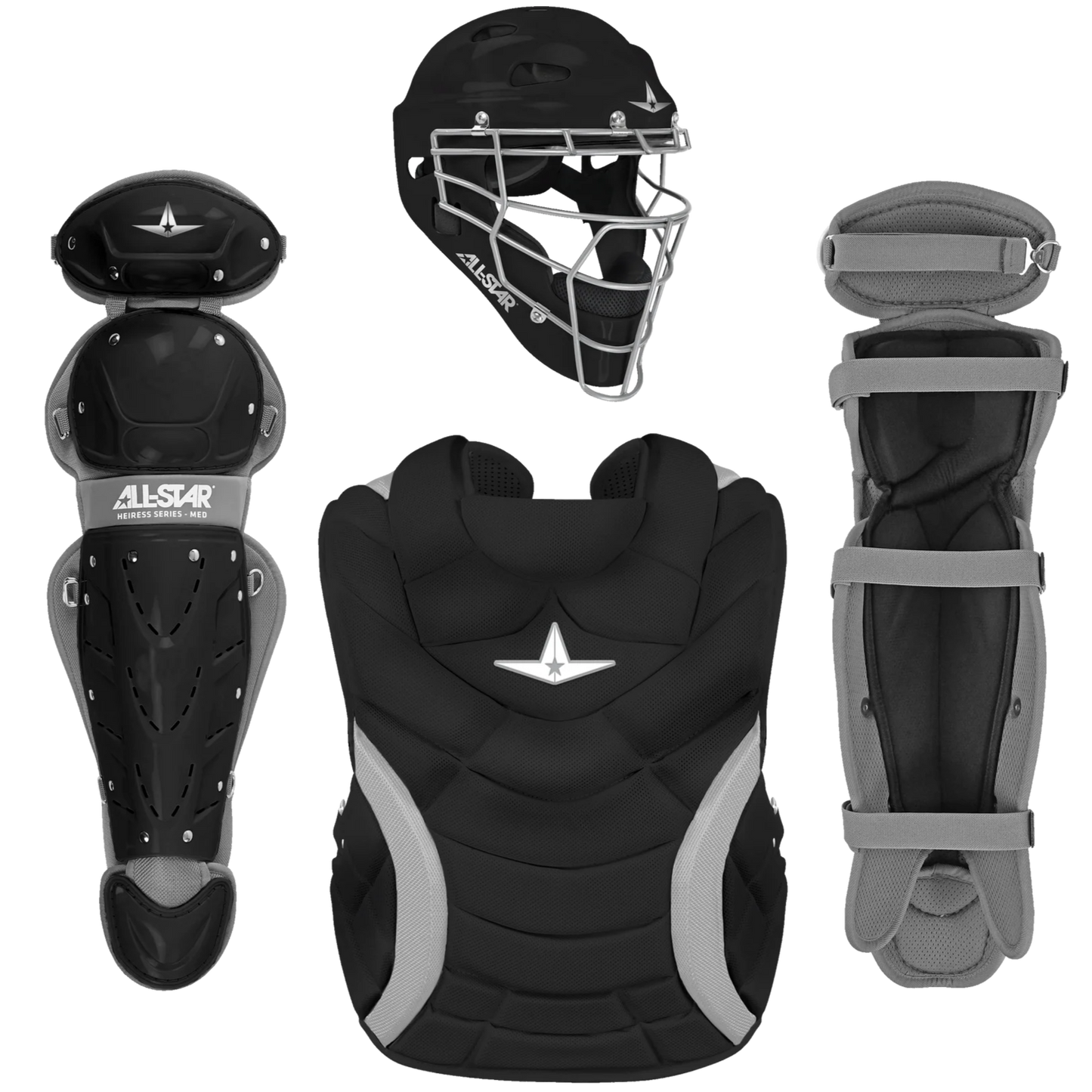 The All Star Heiress Fastpitch Catcher's Kit: CKW-H includes a black and gray helmet with metal face mask, chest protector, and two leg guards—all featuring the All Star logo—ideal for any travel ball catcher.