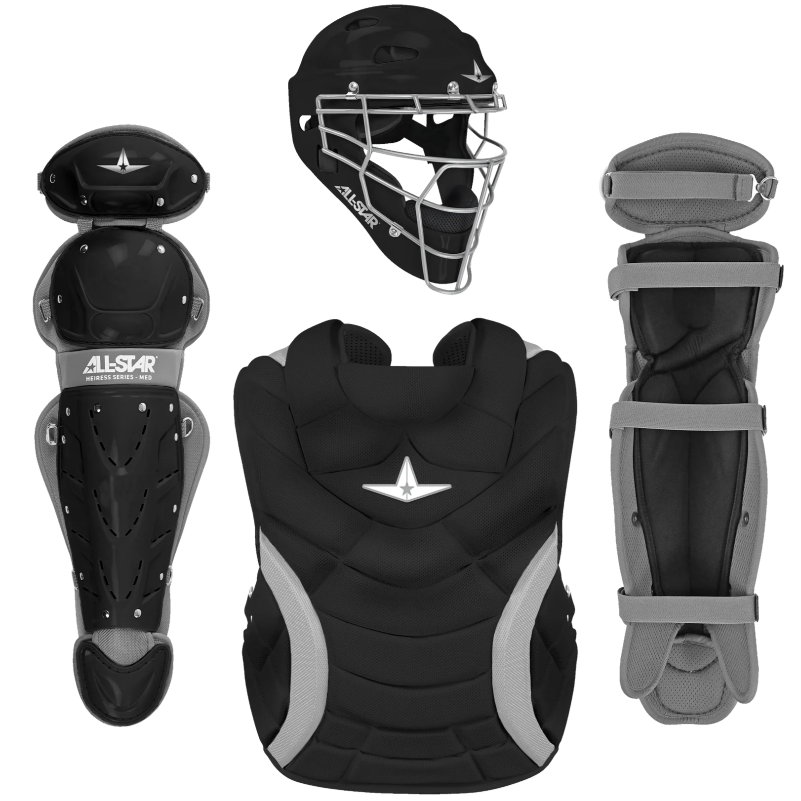 The All Star Heiress Fastpitch Catcher's Kit: CKW-H includes a black and gray helmet with metal face mask, chest protector, and two leg guards—all featuring the All Star logo—ideal for any travel ball catcher.