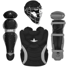 The All Star Heiress Fastpitch Catcher's Kit: CKW-H includes a black and gray helmet with metal face mask, chest protector, and two leg guards—all featuring the All Star logo—ideal for any travel ball catcher.