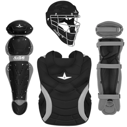 The All Star Heiress Fastpitch Catcher's Kit: CKW-H includes a black and gray helmet with metal face mask, chest protector, and two leg guards—all featuring the All Star logo—ideal for any travel ball catcher.