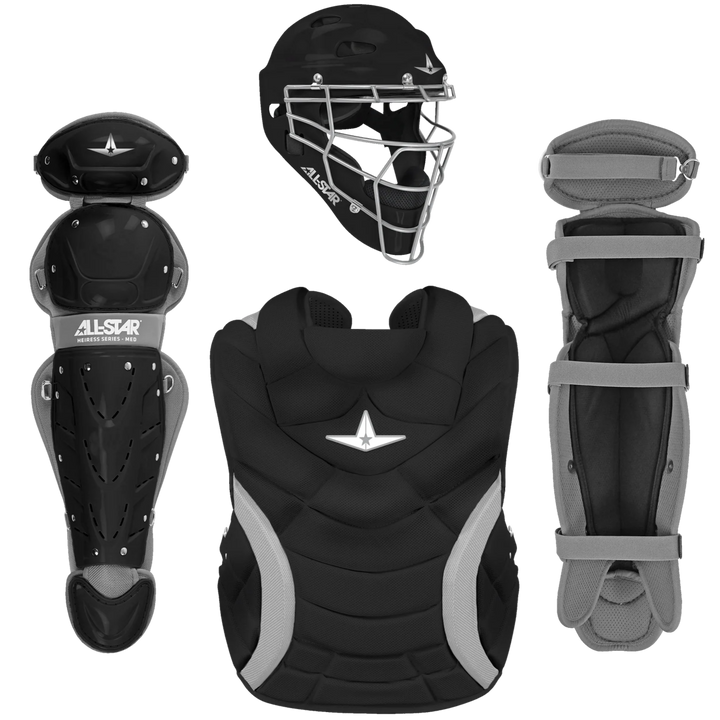 Collection of all star heiress catcher's equipment including helmet, chest protector, shin guards, and leg guards on a white background.