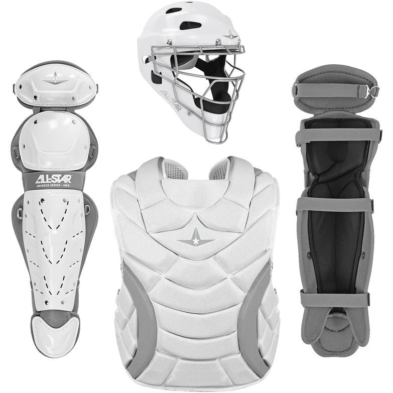 The All Star Heiress Fastpitch Catcher's Kit (CKW-H) by All Star features a white and gray helmet with face guard, chest protector, leg guard, and shin guard—all displayed on a plain white background.
