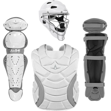The All Star Heiress Fastpitch Catcher's Kit (CKW-H) by All Star features a white and gray helmet with face guard, chest protector, leg guard, and shin guard—all displayed on a plain white background.