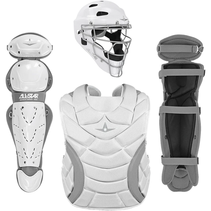 The All Star Heiress Fastpitch Catcher's Kit (CKW-H) by All Star features a white and gray helmet with face guard, chest protector, leg guard, and shin guard—all displayed on a plain white background.