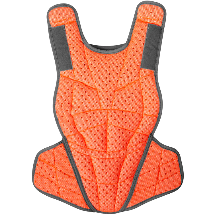 The All Star AFx Fastpitch Catcher's Chest Protector (CPW-AFX) is a bright orange women's chest protector with black edging, contoured fit, mesh-like pattern, and multiple padded sections for superior impact protection.