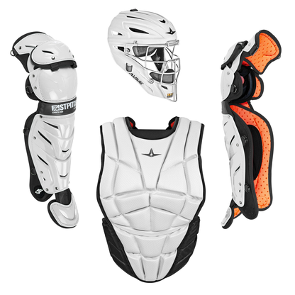 The All Star AFx Fastpitch Catcher's Chest Protector (CPW-AFX) by All Star is part of a white softball gear set, featuring a helmet with face mask, contoured fit chest protector, and two leg guards—one with interior orange padding.