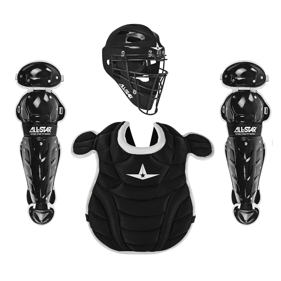 The All Star Future Star Series Fastpitch Catcher's Kit (CKW-FS) by All Star features black and white youth hockey style headgear, a chest protector, and two leg guards, all displayed on a white background.
