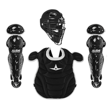 The All Star Future Star Series Fastpitch Catcher's Kit (CKW-FS) by All Star features black and white youth hockey style headgear, a chest protector, and two leg guards, all displayed on a white background.