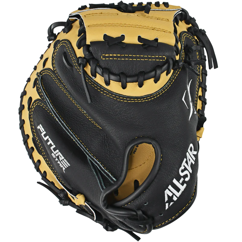 The All Star Future Star 31.5" Baseball Catcher's Mitt (CM-FS-Y) features black and tan durable leather, yellow stitching, webbed pocket, laced edges, lightweight build, and "ALL-STAR FUTURE" printed on it for quick baseball plays.