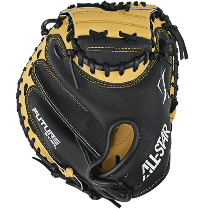 The All Star Future Star 31.5" Baseball Catcher's Mitt (CM-FS-Y) features black and tan durable leather, yellow stitching, webbed pocket, laced edges, lightweight build, and "ALL-STAR FUTURE" printed on it for quick baseball plays.