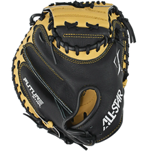 The All Star Future Star 33.5" Baseball Catcher's Mitt: CM-FS-A features a black and yellow leather design with Pro Guard Padding for superior protection and comfort.