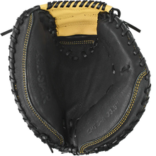 The All Star Future Star 33.5" Catcher's Mitt: CM-FS-A is shown open in black and yellow, crafted from durable leather with detailed stitching, Pro Guard Padding, and an embossed All Star brand name on the palm.