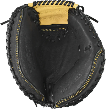 The All Star Future Star 31.5" Baseball Catcher's Mitt (CM-FS-Y) by All Star is a black and yellow leather mitt, shown open from above, featuring visible stitching and textured palm and finger details.