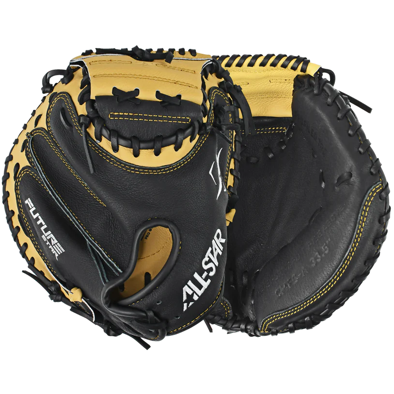 The All Star Future Star 33.5" Baseball Catcher's Mitt (CM-FS-A) features black and tan durable leather, Pro Guard Padding, visible stitching, and branding. Shown from front and palm side on a white background.