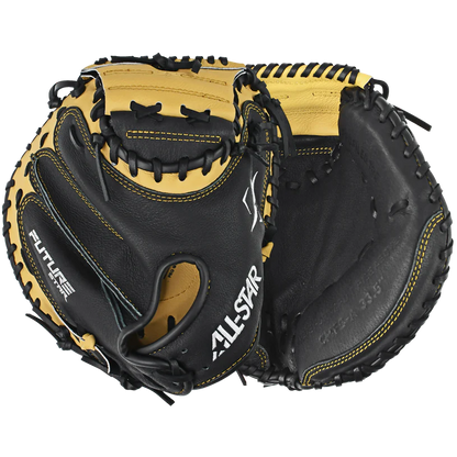 The All Star Future Star 31.5" Baseball Catcher's Mitt (CM-FS-Y) features a black and tan durable leather design with visible stitching and the All Star brand name on the side, shown open to display both inside and outside.