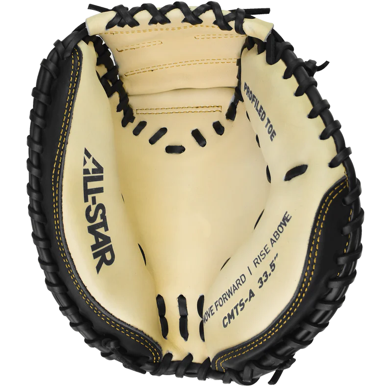 A close-up of the All Star Top Star 33.5" Baseball Catcher's Mitt (CM-TS-A) showcases black laces, cream-colored steer hide leather, and detailed branding printed inside by All Star.