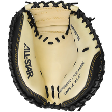 A close-up of the All Star Top Star 33.5" Baseball Catcher's Mitt (CM-TS-A) showcases black laces, cream-colored steer hide leather, and detailed branding printed inside by All Star.