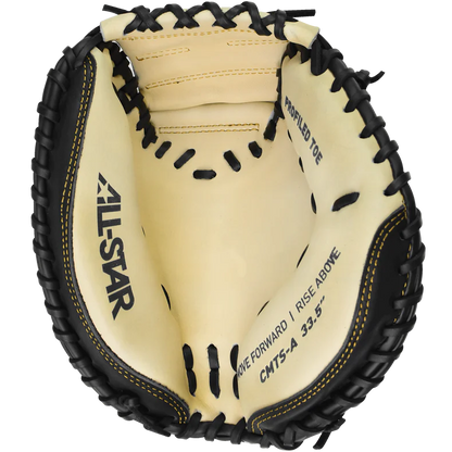 A close-up of the All Star Top Star 33.5" Baseball Catcher's Mitt (CM-TS-A) showcases black laces, cream-colored steer hide leather, and detailed branding printed inside by All Star.