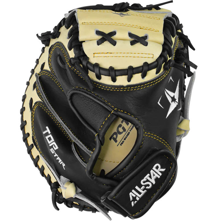 The All Star Top Star 33.5" Baseball Catcher's Mitt: CM-TS-A features black and cream durable steer hide leather, yellow stitching, visible laces, branded labels, and an adjustable wrist closure, displayed on a white background.