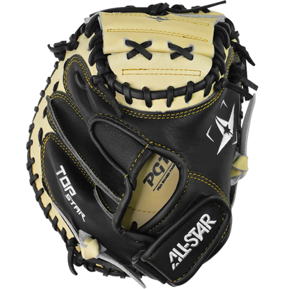 The All Star Top Star 33.5" Baseball Catcher's Mitt: CM-TS-A features black and cream durable steer hide leather, yellow stitching, visible laces, branded labels, and an adjustable wrist closure, displayed on a white background.