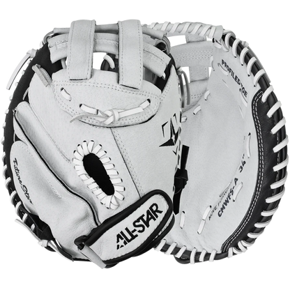 The All Star Future Star 32.5" Fastpitch Catcher's Mitt (CMW-FS-Y) is a white leather mitt with black trim and stitching, an adjustable wrist strap displaying the All Star logo, and a webbed pocket design.