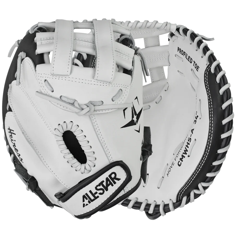 The All Star Heiress 32.5" Fastpitch Catcher's Mitt: CMW-H-Y is a premium steerhide leather glove, ideal for travel ball catchers, showcased against a clean white background.
