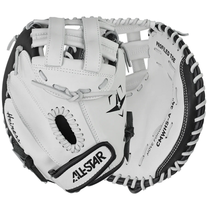 The All Star Heiress 32.5" Fastpitch Catcher's Mitt: CMW-H-Y is a premium steerhide leather glove, ideal for travel ball catchers, showcased against a clean white background.