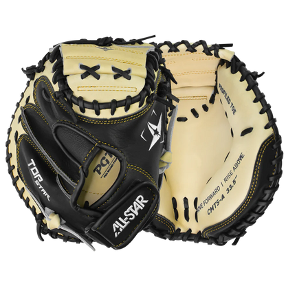 The All Star Top Star 33.5" Baseball Catcher's Mitt (CM-TS-A) features black and tan premium steer hide leather, black laces, visible stitching, and showcases the All Star brand from interior and exterior views.