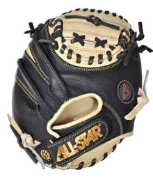 The All Star POCKET 27" Training Mitt (CM100TM) features black and tan leather with gold and black embroidered ALL-STAR logo and leather laces—ideal for improving your catching skills and developing quick hands.