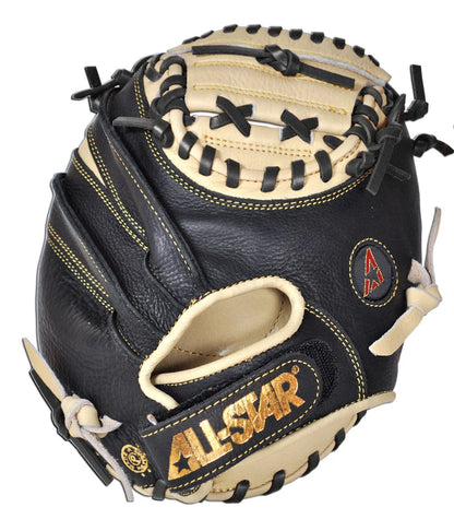 The All Star POCKET 27" Training Mitt (CM100TM) features black and tan leather with gold and black embroidered ALL-STAR logo and leather laces—ideal for improving your catching skills and developing quick hands.
