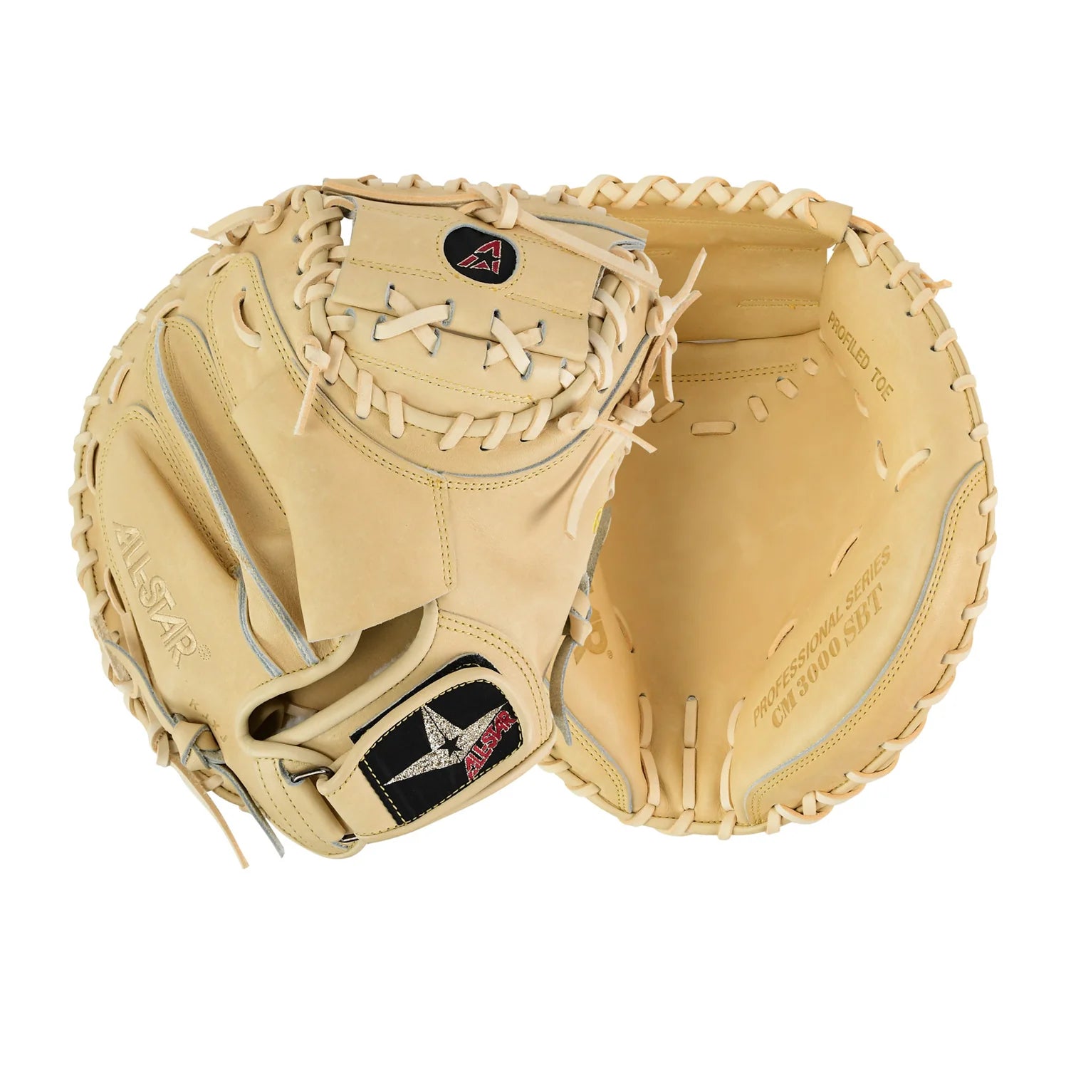 Two All Star Pro-Elite Limited 34" catcher's mitts (CM3000-34) made from Japanese steerhide are shown—one shows the palm, the other the back. Both feature laces, web pocket, and visible All Star logos for a pro glove look.