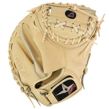 The All Star Pro-Elite Limited 34" Catcher's Mitt (CM3000-34) is crafted from Japanese steerhide in tan leather, features white laces, ALL-STAR branding on the side, and a black All Star logo patch near the wrist strap.