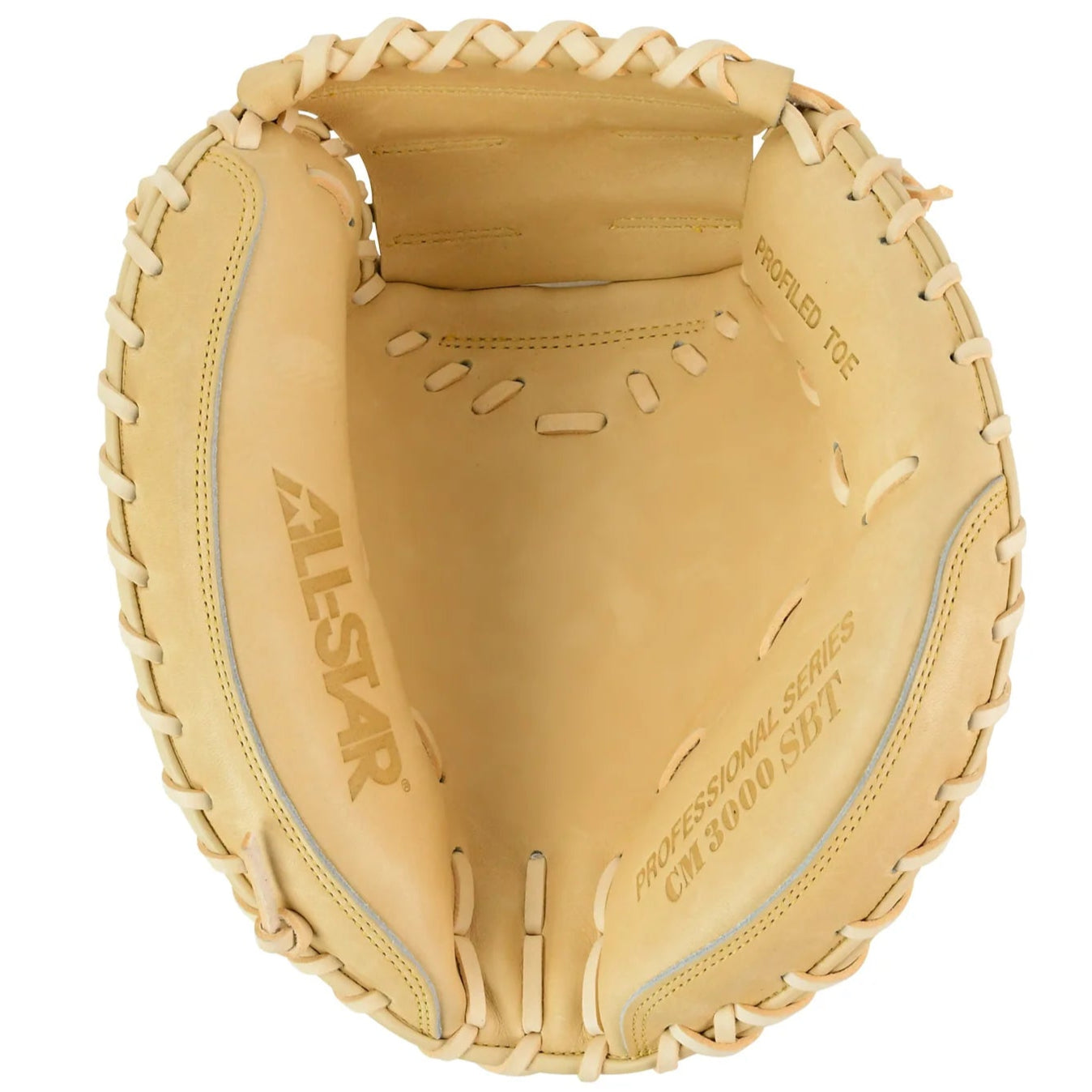 An All Star Pro-Elite Limited 34" Baseball Catcher's Mitt (CM3000-34) made of tan Japanese steerhide leather is shown from above, highlighting the pocket and webbing of this professional catcher's mitt.